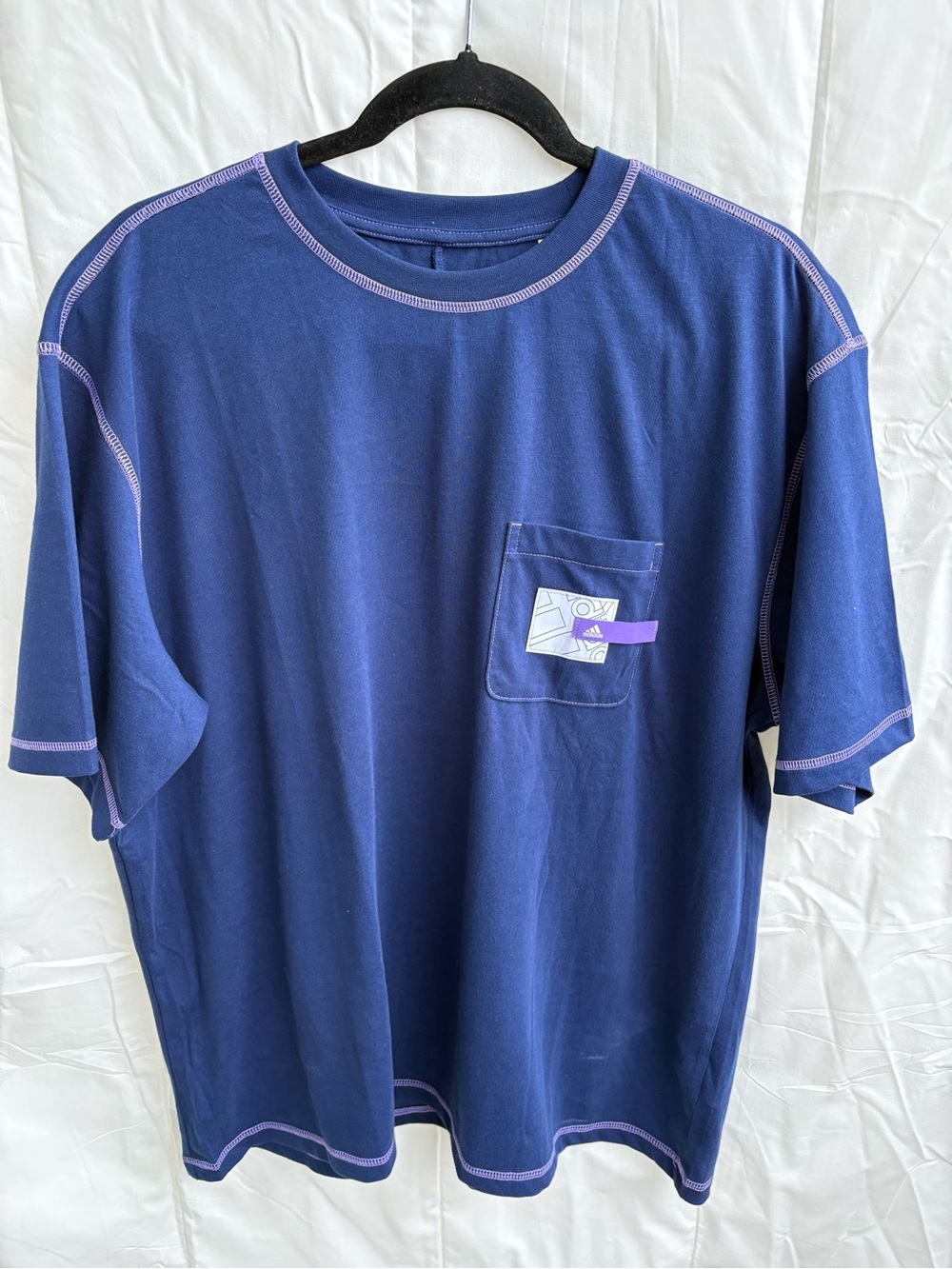 adidas Navy Short-Sleeve Crew Tee with Purple Accent Stitching, Women, Size M.